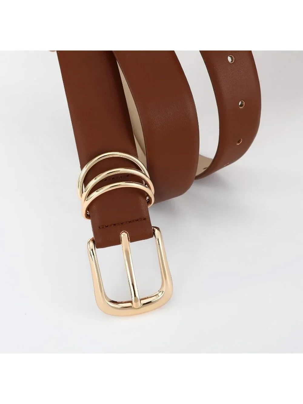 Women Brown Leather Dress Belt For Pants Jeans Fashion With Classic Gold Buckle